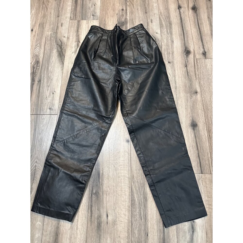 Vintage CJ Todd Womens Black High-Waisted Leather Pants Size 12 With Pleated Fro